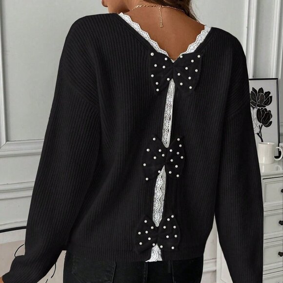 Sweaters - Black Casual Women's Lace Patchwork V-Neck Long Sleeve Sweater